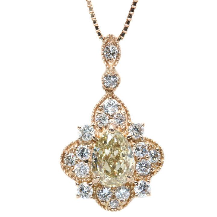 イエローダイヤモンド 1.057カラット FANCY LIGHT BROWNISH YELLOW VS2 ダイヤモンド 0.51カラット K18PGピンクゴールド ペンダントネックレス 1点もの