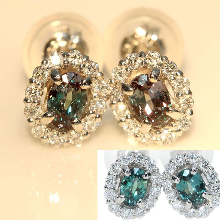 アレキサンドライト 0.22カラット ダイヤモンド 0.06カラット×2 PT900 プラチナ900 ピアス（イヤリング加工可） 見事なカラーチェンジ 稀少石 1点ものの画像