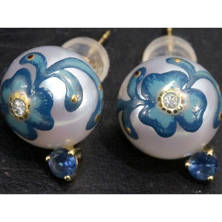 淡水パールに伝統的な蒔絵が描かれた芸術的ジュエリー K18YG イエロー
