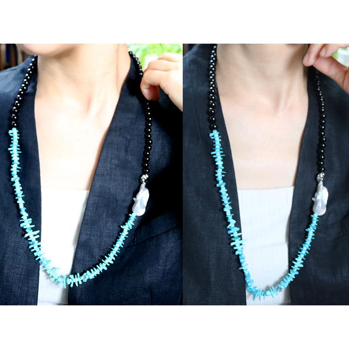 ターコイズ（トルコ石）  オニキス 大粒バロックパールのロングネックレス SVシルバー 全長72センチ 1点ものの画像
