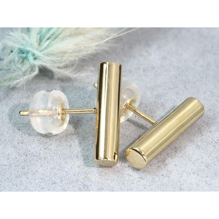 K18YG イエローゴールド ピアス 縦ライン 鏡面の円柱 軽やか 貴金属地