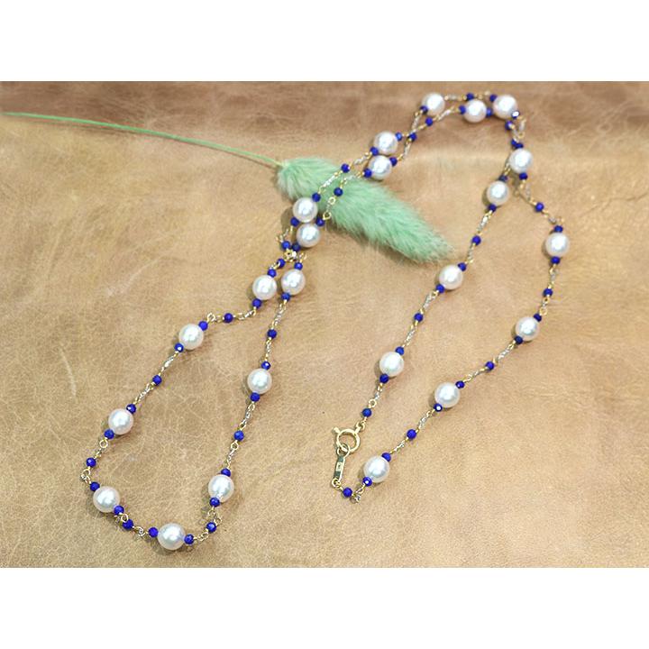 あこや真珠（和珠） 約5.5ミリ＆ラピス＆地金のデザインネックレス