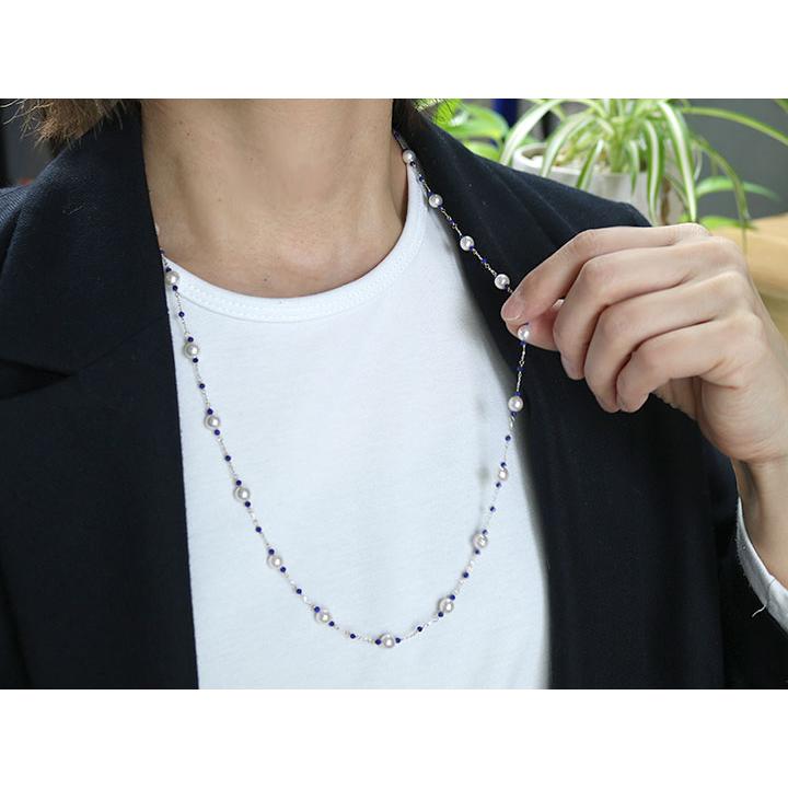 あこや真珠（和珠） 約5.5ミリ＆ラピス＆地金のデザインネックレス