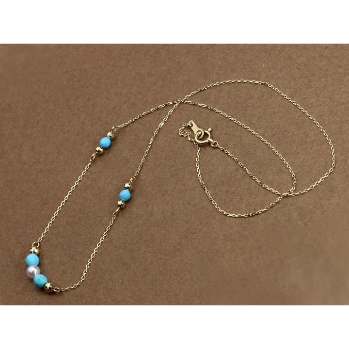 ターコイズ×ベビーパールK10ネックレス 良品質・宝石質のトルコ