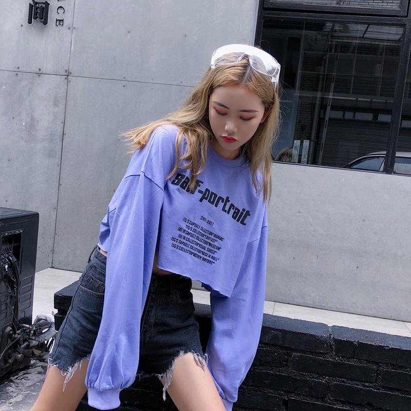 ダンス 衣装 へそ出し トレーナー ショート丈 スウェット 長袖 Tシャツ