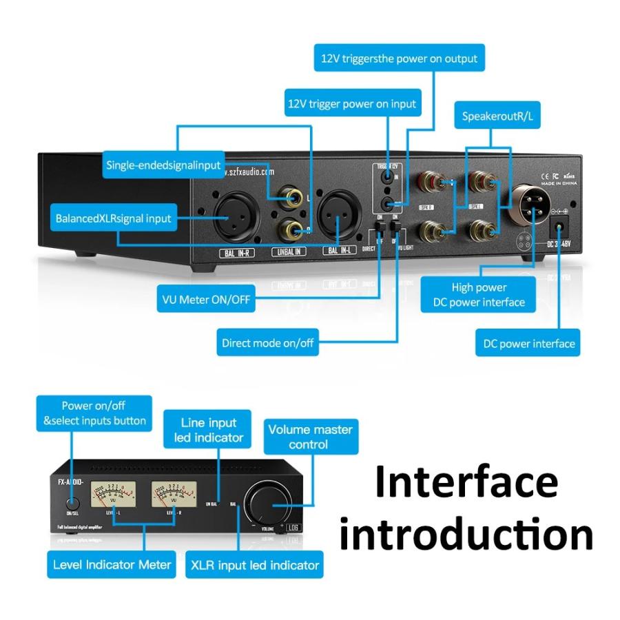 パワーアンプ 2ch フルバランス 出力300W TPA3255 OPA1612 XLR RCA入力
