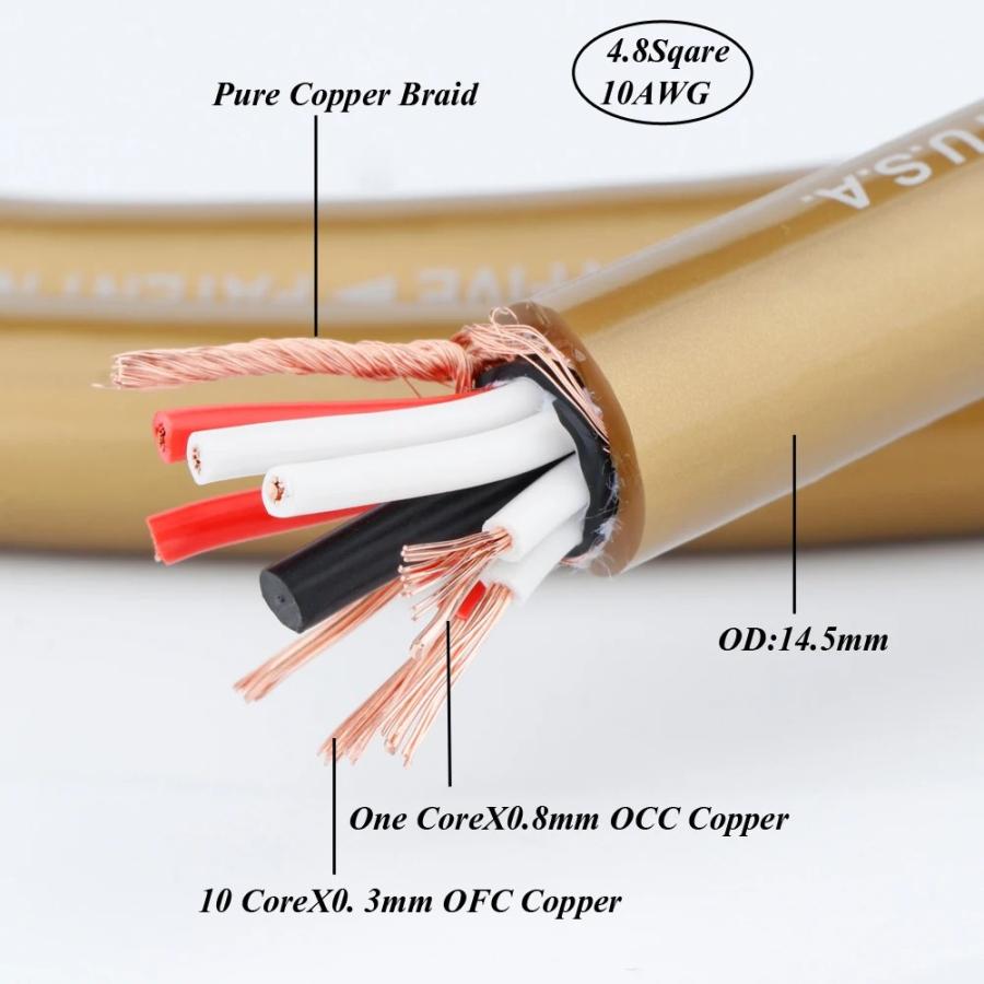 スピーカーケーブル 10AWG OCC銅製 バナナプラグ2極-4極 ブレード
