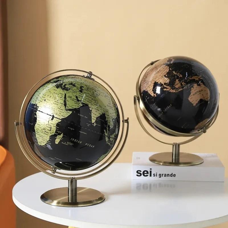 ヴィンテージブラックゴールド世界地図地球儀 金属製 デスク飾り 学習
