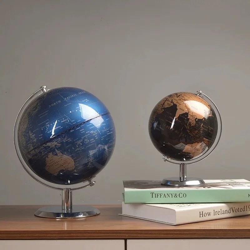 ヴィンテージブラックゴールド世界地図地球儀 金属製 デスク飾り 学習