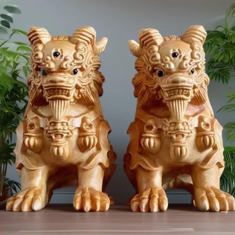 木彫り 三眼麒麟 置物 風水 開運 縁起物 手彫り 檜材 室内 飾り 神獣
