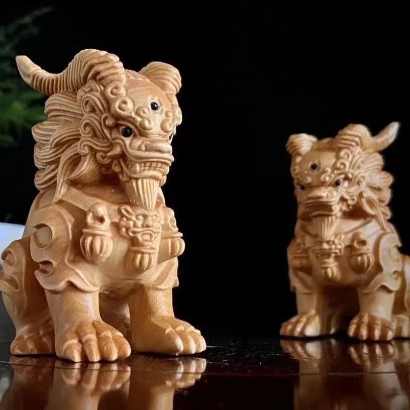 木彫り 三眼麒麟 置物 風水 開運 縁起物 手彫り 檜材 室内 飾り 神獣