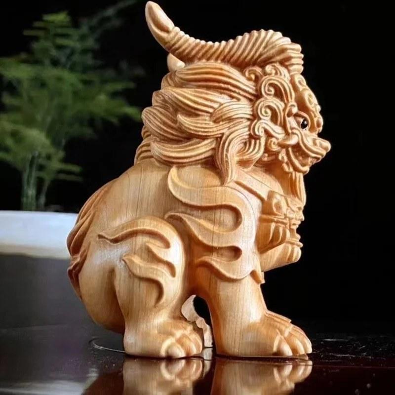木彫り 三眼麒麟 置物 風水 開運 縁起物 手彫り 檜材 室内 飾り 神獣