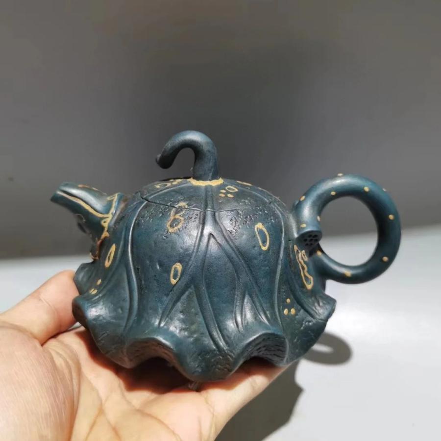 宜興紫砂急須 蓮の種型 朱泥 茶器 中国伝統 手工芸 約360cc 約18cm 約