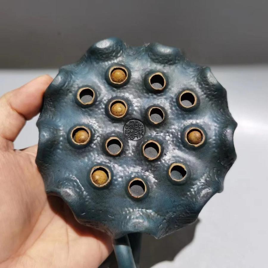 宜興紫砂急須 蓮の種型 朱泥 茶器 中国伝統 手工芸 約360cc 約18cm 約