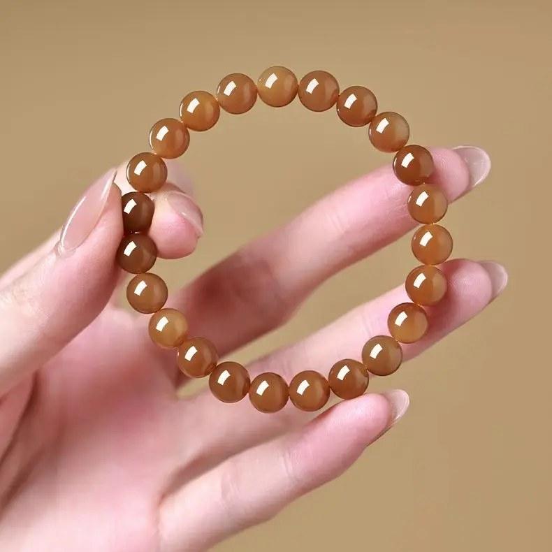 軟玉翡翠 和田玉 黄糖料 ブレスレット 丸玉 6mm 8mm 10mm 女性用 Mount