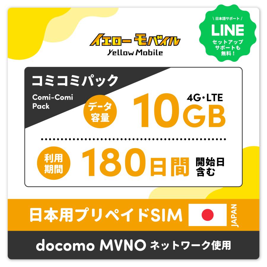 日本国内データ専用SIM コミコミパック docomo MVNO回線　180日 10GB（Yahoo!・イエローモバイル）