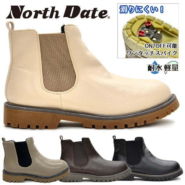 ノースデイト レディース スノーシューズ ブーツ スノー ウインター スパイク サイドゴア タンク底 防滑 撥水 吸湿発熱 防寒靴 North Date KH7086 BOS | 