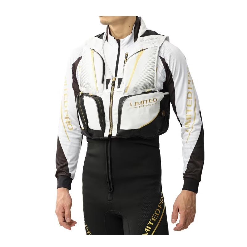 シマノ　LIMITED PRO フィッシングベスト ホワイト/ブラック/ゴールド シマノ（SHIMANO） VE-560Y リミテッドプロ 2WAYベスト M ブルー