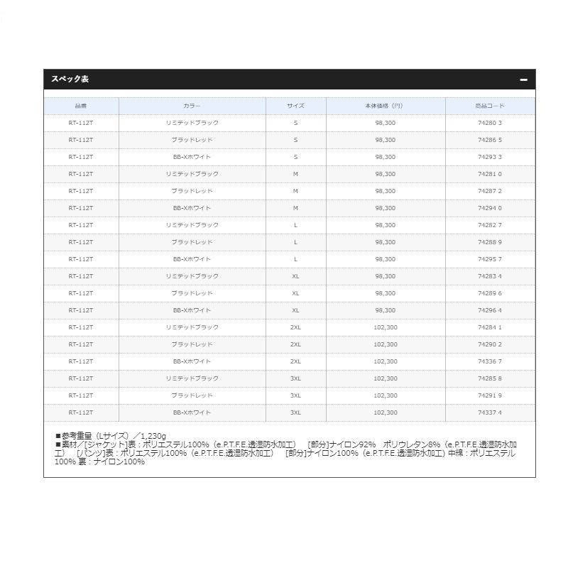 お値下げ シマノ　RT-112T NEXUS・GORE-TEXプロテクティブスーツLIMITED PRO XL リミテッドブラック 【9132720574】(33304円)