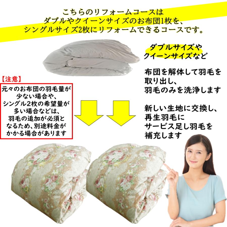 羽毛布団 打ち直しリフォーム ダブル1枚をシングル2枚へ（綿100