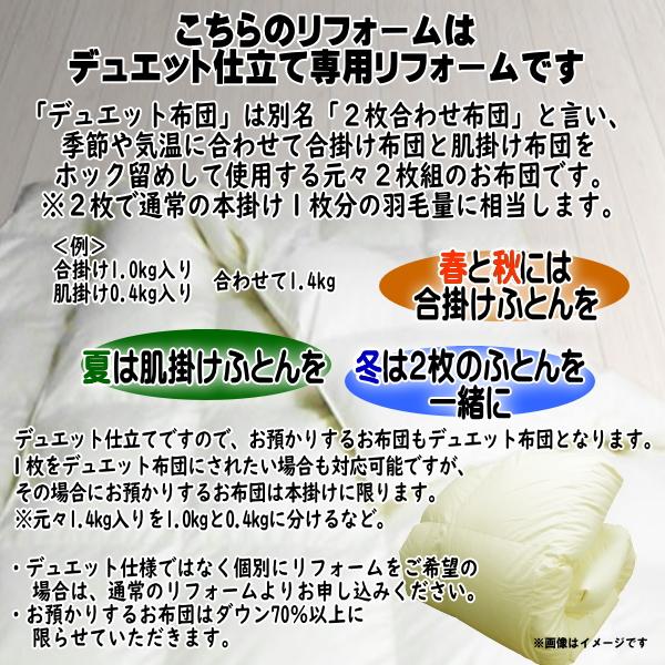 羽毛デュエット布団 打ち直しリフォーム シングル 特注 2枚合わせ組