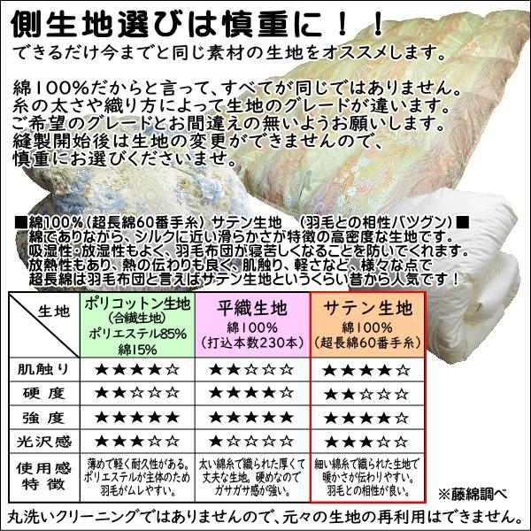羽毛布団 打ち直しリフォーム セミダブル(170×210cm) サイズ変更可能 綿100%柔らかめ 超長綿60サテン生地／羽毛洗浄再生込み料金・羽毛洗浄クリーニング |  | 03