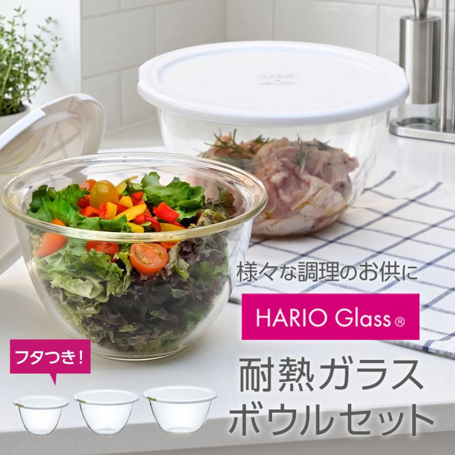 HARIO（ハリオ） フタ付き耐熱ガラス製ボウル 3個セット 900ml/1500ml