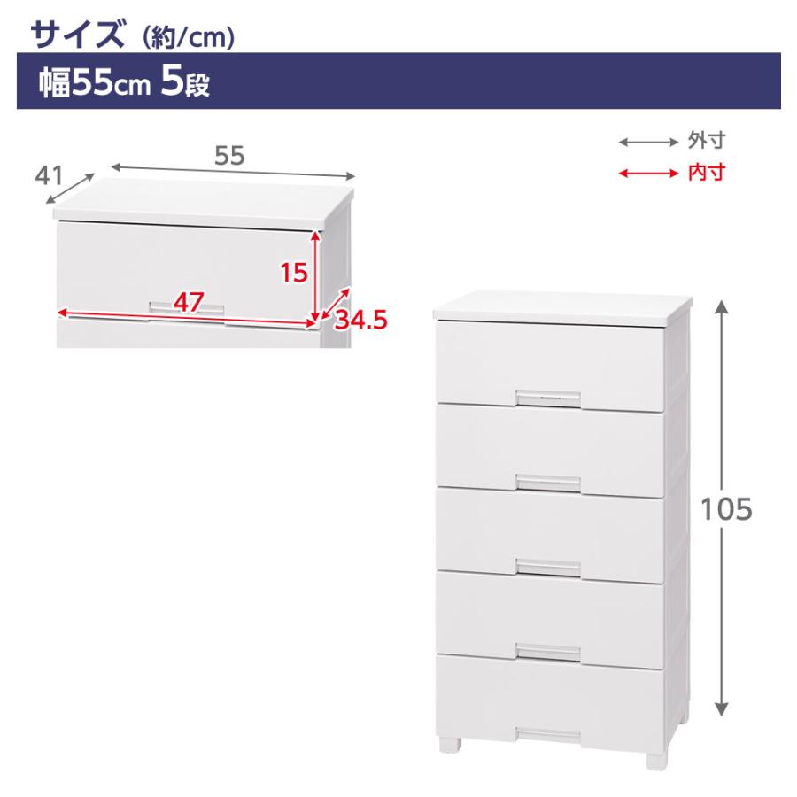 Fits 衣類ケース フィッツチェスト 幅55cm 5段 5505 ホワイト/グレー
