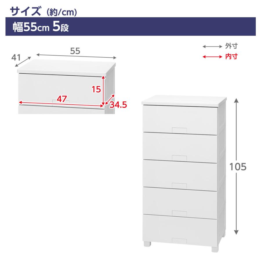 Fits 衣類収納ケース ホワイト 5段 Fits 衣類ケース フィッツチェスト フルフラット 幅55cm 5段 5505