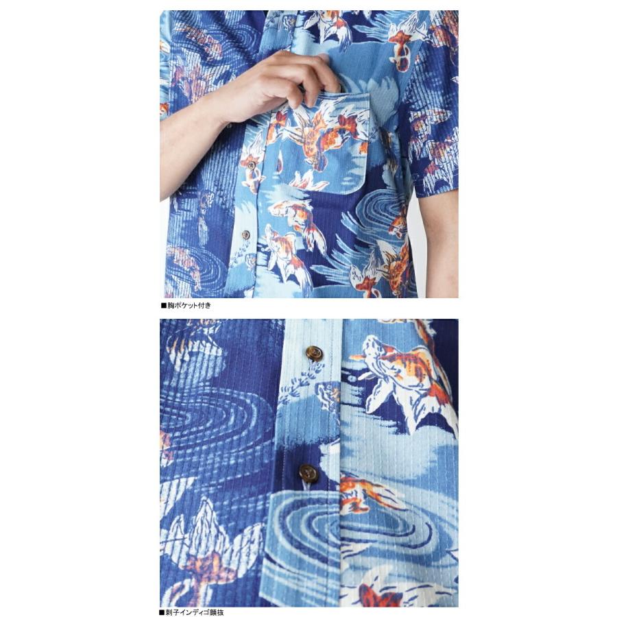 衣櫻1463 限定生産 刺子インディゴ顔抜 金魚レギュラー半袖シャツ 表裏