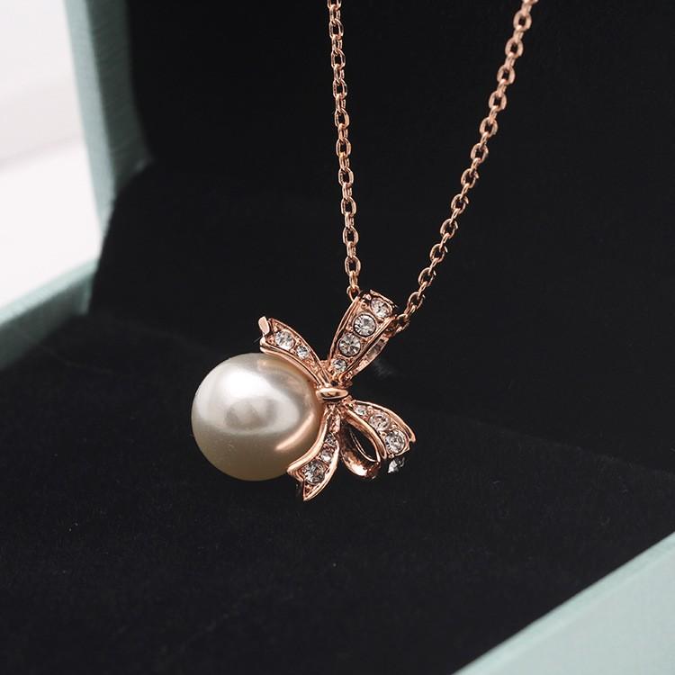 送料無料 パール リボン ネックレス ローズゴールド 真珠 : YIYI店