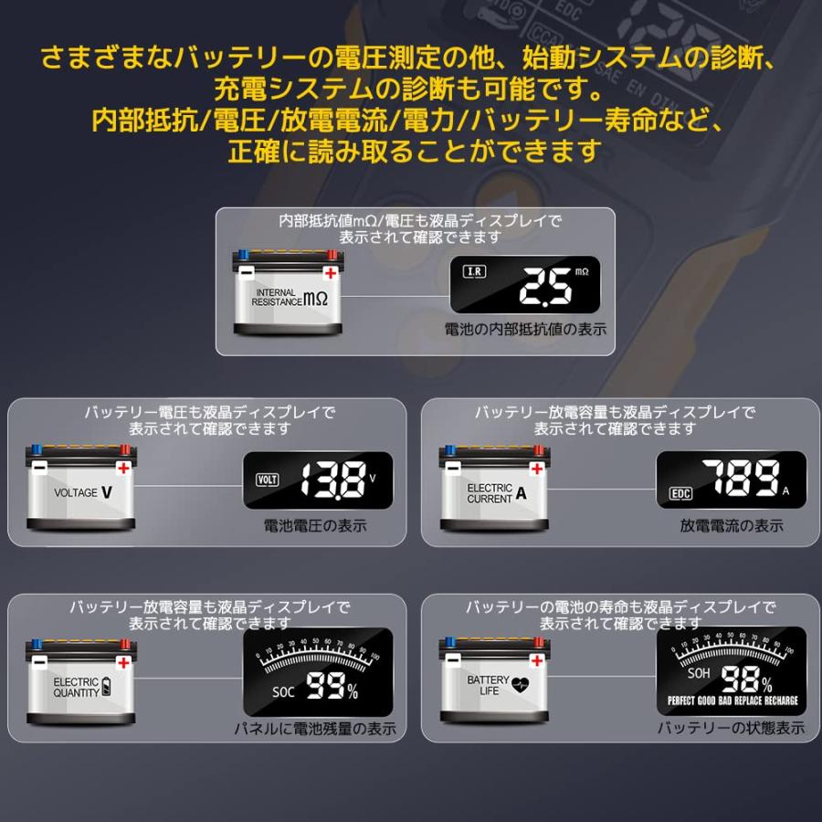 送料無料 カーバッテリーチェッカー バッテリー容量テスター 12V-24V蓄電池用 デジタルバッテリーテスター LCD自動車バッテリー診断機 電圧 抵抗 CCA値測定 |  | 11