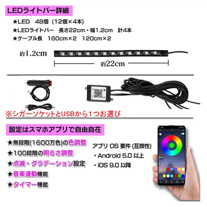 送料無料 車LEDテープライト 1600万色 高輝度 48灯 車内LEDライト