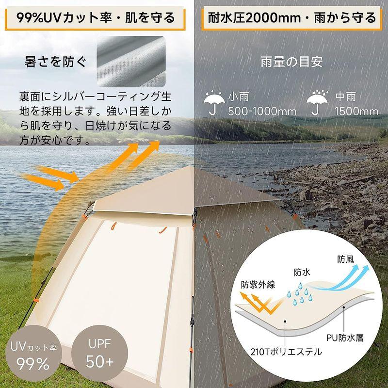 KOMCLUB ワンタッチテント ドームテント 二門二窓 3?4人 前室あり 前室ポール付き 耐水圧2000mm UVカット 撥水加工 二重 約 ワンタッチテント 4人 ドームテント 二門二窓 前室あり 前室ポール付き 耐水圧2000mm UVカット 撥水加工 二重