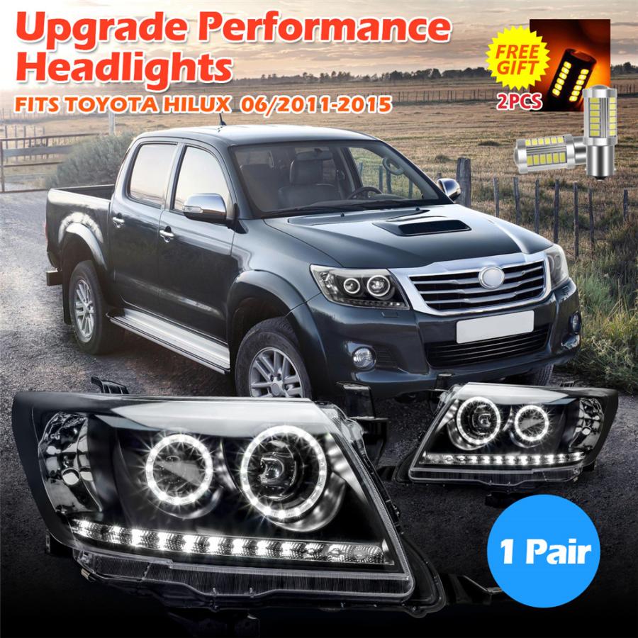 【並行輸入品】 トヨタ ハイラックス ヘッドライト ブラック drl ハロープロジェクターランプ ペア 2005 2006 2007 2008 2009 2010 2011 2012 2013 2014 2015の画像