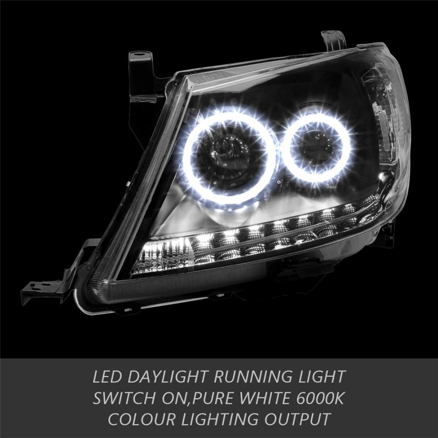 【並行輸入品】 トヨタ ハイラックス ヘッドライト ブラック drl ハロープロジェクターランプ ペア 2005 2006 2007 2008 2009 2010 2011 2012 2013 2014 2015の画像