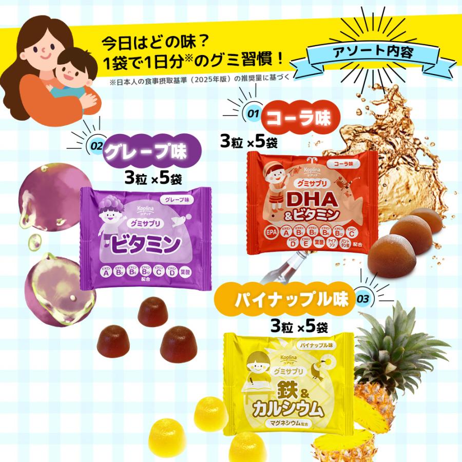 3種のグミサプリ 3粒×15袋 15日分【個包装 コーラ味 グレープ味 パイナップル味 DHA マルチビタミン 鉄 カルシウム 成長期 子ども 健康 サプリメント】 | Koplina | 03