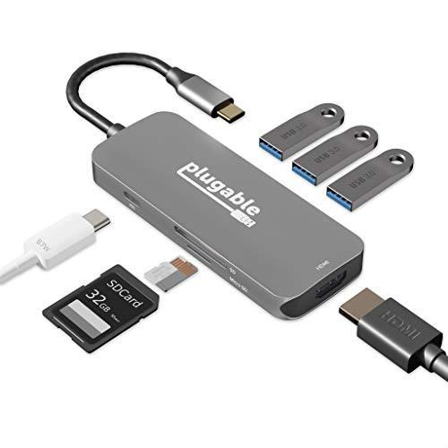 Plugable USB-C ハブ 7-in-1 USB-C 対応マルチアダプター（4K HDMI、USB 3.0 ポートx3、SD/microSD プリペイドカード（コード販売）