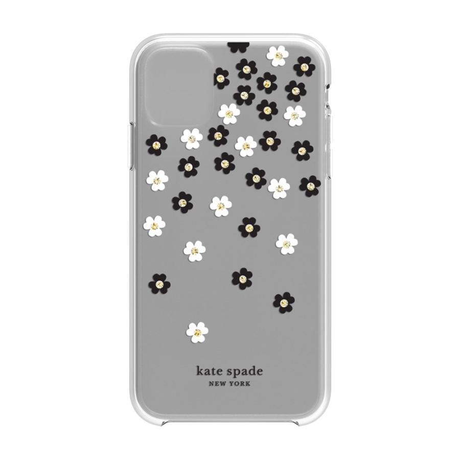 Kate Spade iPhone11 Protective Hardshell SCATTERED FLOWERS black / white / gold gems / clear｜ymobileselection