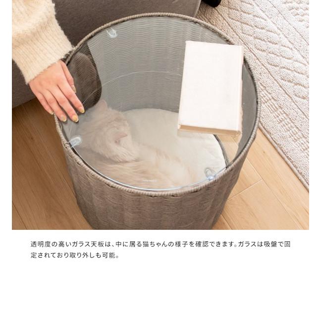 猫ちぐら 猫 ベッド サイドテーブル 小屋 ラタン調 ペット用品 ねこ ネコ ガラス天板 ベット 樹脂 ペット家具 Piene 北欧 新生活 ID004の画像