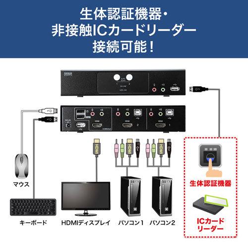 HDMI対応パソコン自動切替器(2:1) USB2.0ハブも切り替えできる BOX型HDMI-KVMスイッチ サンワサプライ SW-KVM2HHC 送料無料 メーカー保証 新品の画像
