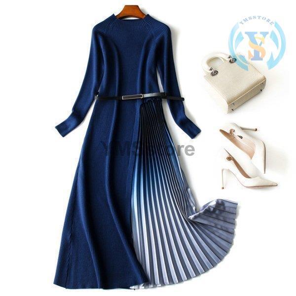 完売 切り替えドレス ロングワンピース ニットワンピース プリーツ 切り替えワンピース 長袖 ロングニットワンピース レディース 50代 40代 30代 結婚式 Ol 上品 着痩せ リブニット プリーツ Aライン きれいめ 長袖 ニット ワンピース チュニック Www