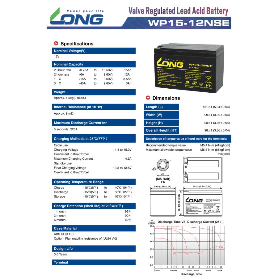 12V 15Ah シールドバッテリー WP15-12NSE 耐久性1.5倍 完全密封