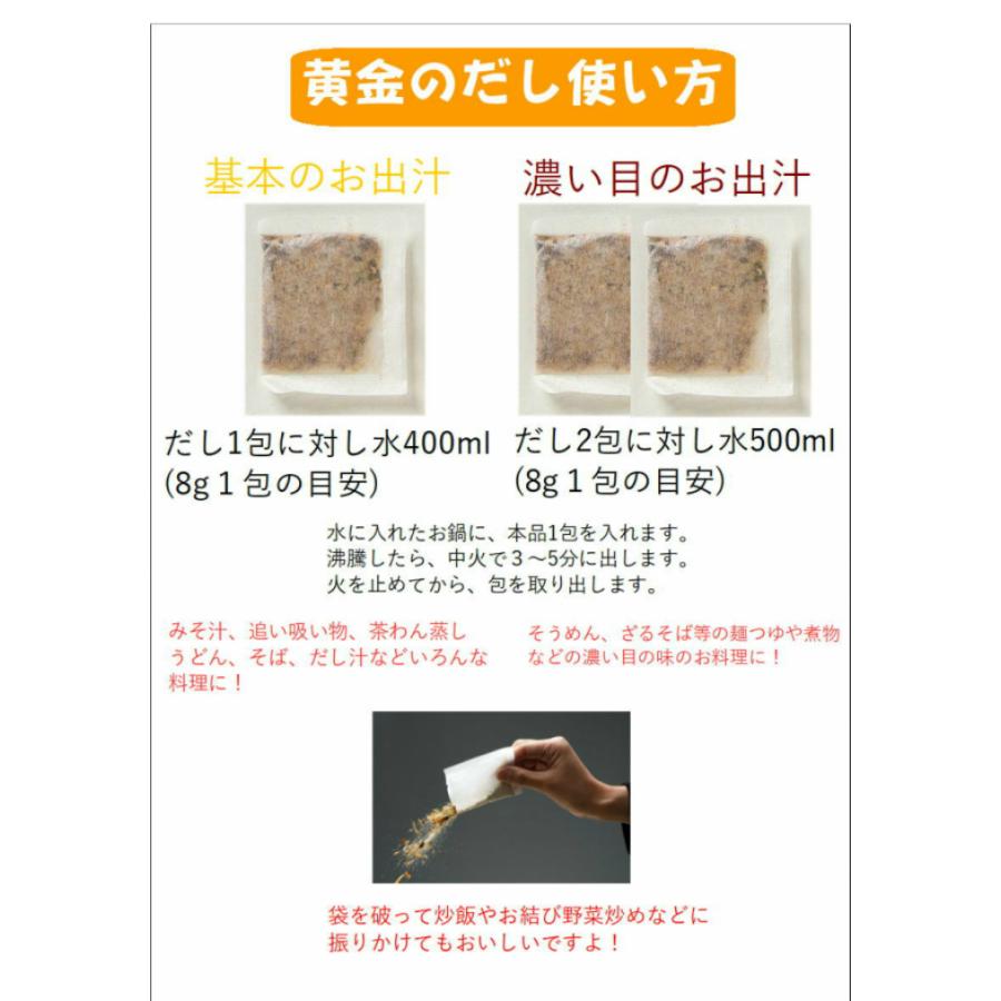 黄金のだし 化学調味料 保存料 不使用　8gｘ18袋 3パックセット   北前船のカワモト  だしパック 出汁 かつお節 焼あご さば節 うるめいわし節 しいたけ こんぶ｜ynaturaluniz｜04