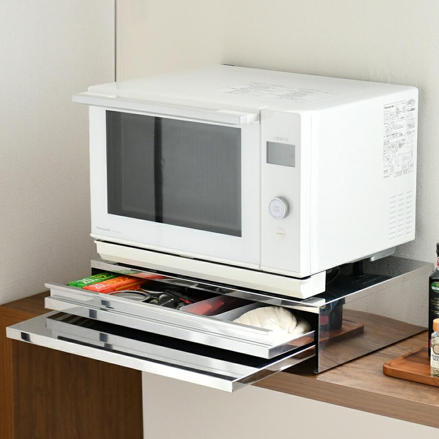 角皿が入るステンレス製レンジ下スライドテーブル収納 W55 キッチン収納 ステンレス スチール デザイナーズ メイドインジャパン 日本製 | 足立製作所
