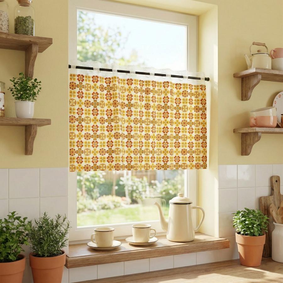 カフェカーテン 北欧モダン・昭和レトロ 巾105×丈56cm(レース含む) 花