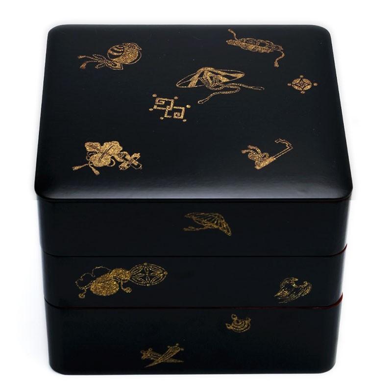 漆器：宝尽くし黒内朱一閑張三段重・藤井収 & 山本哲《重箱・3段・一閑張り》 | 