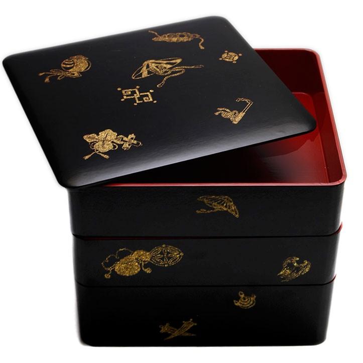 漆器：宝尽くし黒内朱一閑張三段重・藤井収 & 山本哲《重箱・3段・一閑張り》 |  | 02