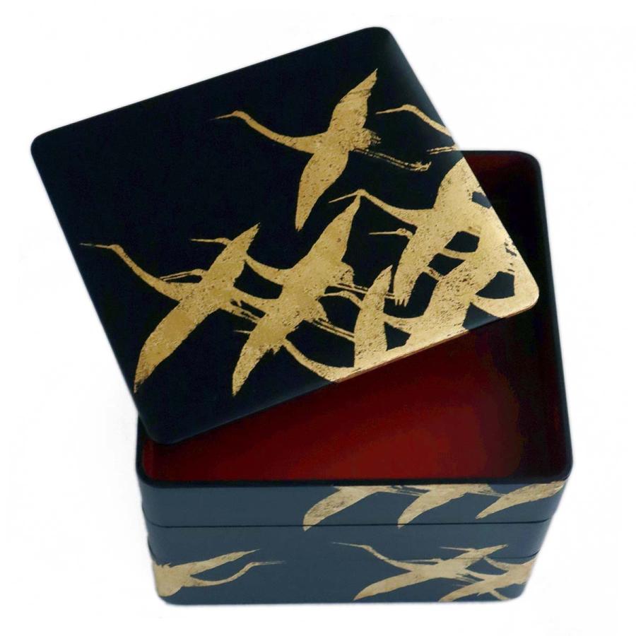 漆器・一閑張り：千羽鶴文箔絵三段重・黒内朱・藤井収・山本哲《重箱