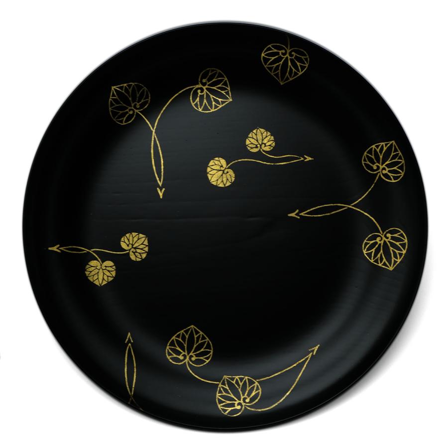 漆器：黒目はじき宗寛盆8寸・双葉葵文箔絵・守田漆器・山本哲《大皿・24.0cm》 | 
